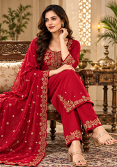 Women Red Premium Roman Silk Embroidery Kurta Pant and Dupatta set