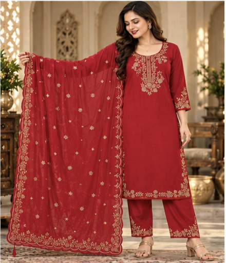 Women Red Premium Roman Silk Embroidery Kurta Pant and Dupatta set