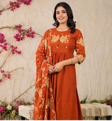 Women Premium Rust Cotton Embroidery Kurta Pant and Dupatta set