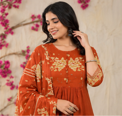 Women Premium Rust Cotton Embroidery Kurta Pant and Dupatta set