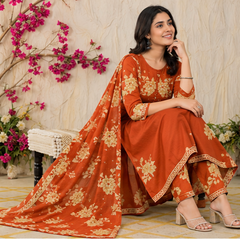 Women Premium Rust Cotton Embroidery Kurta Pant and Dupatta set