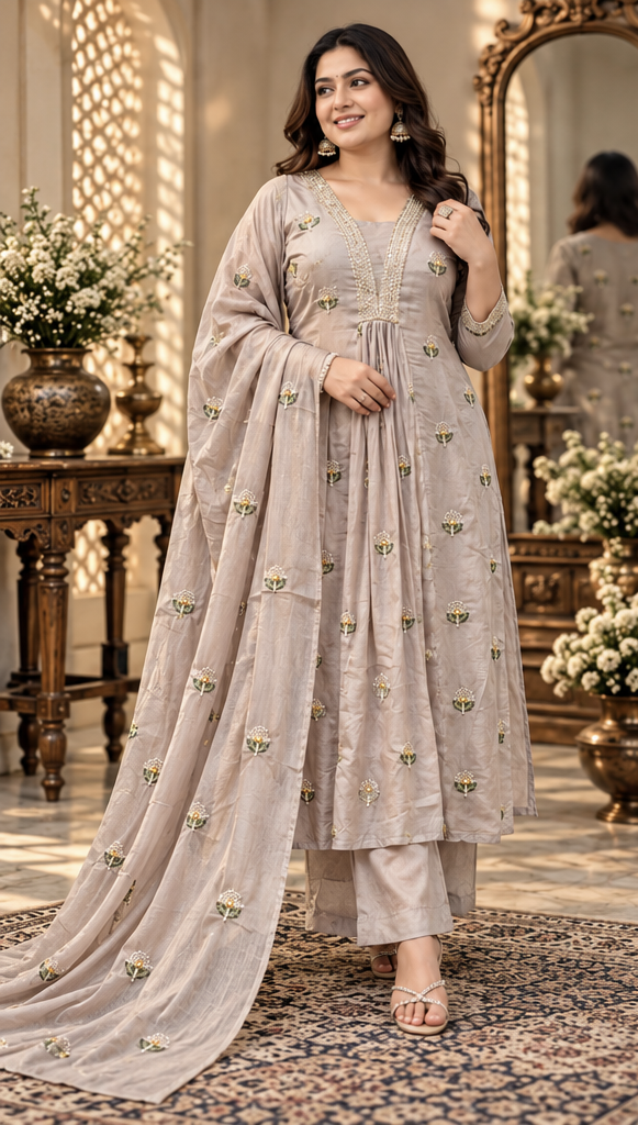 Women Premium Grey Mul Chanderi Embroidery Kurta Pant and Dupatta set