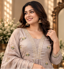 Women Premium Grey Mul Chanderi Embroidery Kurta Pant and Dupatta set