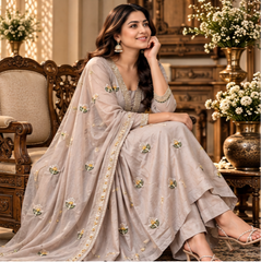 Women Premium Grey Mul Chanderi Embroidery Kurta Pant and Dupatta set