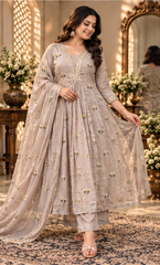 Women Premium Grey Mul Chanderi Embroidery Kurta Pant and Dupatta set
