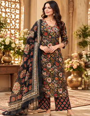 Women Premium Black Cotton Kurta Pant and Dupatta set