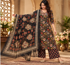 Women Premium Black Cotton Kurta Pant and Dupatta set