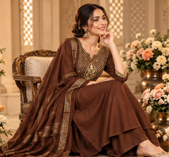 Women Premium Coffee Mul Chanderi Intricate Embroidery Kurta Pant and Dupatta set