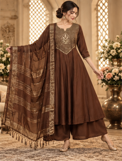 Women Premium Coffee Mul Chanderi Intricate Embroidery Kurta Pant and Dupatta set