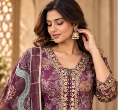 Women Premium Plum Purple Roman Silk Neck Line Embroidery Kurta Pant and Dupatta set