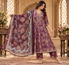 Women Premium Plum Purple Roman Silk Neck Line Embroidery Kurta Pant and Dupatta set