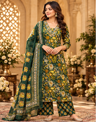 Women Premium Mehndi Cotton Kurta Pant and Dupatta set