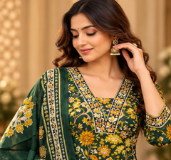 Women Premium Mehndi Cotton Kurta Pant and Dupatta set