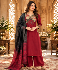 Women Premium Maroon Cotton Patch Work Kurta Pant and Dupatta set