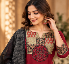 Women Premium Maroon Cotton Patch Work Kurta Pant and Dupatta set