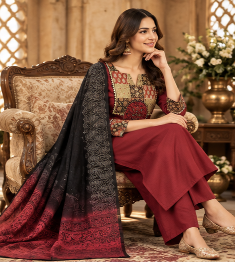 Women Premium Maroon Cotton Patch Work Kurta Pant and Dupatta set
