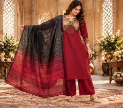 Women Premium Maroon Cotton Patch Work Kurta Pant and Dupatta set