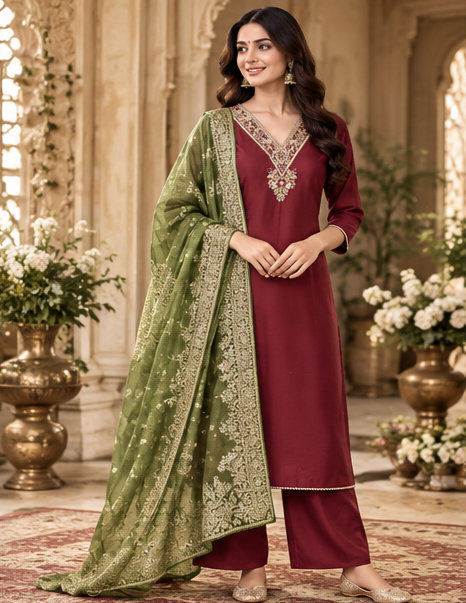 Women Premium Maroon Tone Roman Silk Embroidery Kurta Pant and Dupatta set
