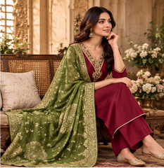 Women Premium Maroon Tone Roman Silk Embroidery Kurta Pant and Dupatta set