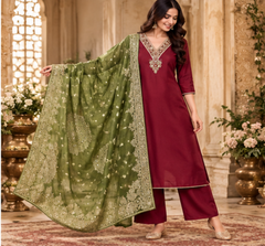 Women Premium Maroon Tone Roman Silk Embroidery Kurta Pant and Dupatta set