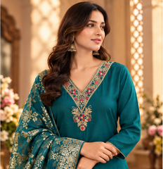 Women Premium Dark Rama Tone Roman Silk Jacqaurd Chunni Kurta Pant and Dupatta set
