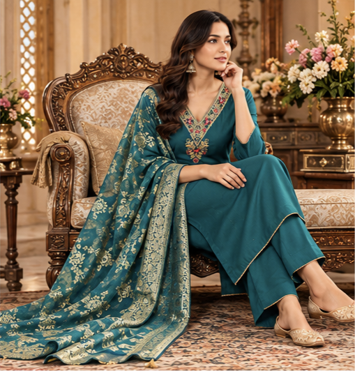 Women Premium Dark Rama Tone Roman Silk Jacqaurd Chunni Kurta Pant and Dupatta set