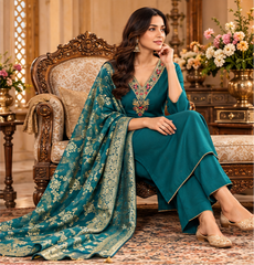 Women Premium Dark Rama Tone Roman Silk Jacqaurd Chunni Kurta Pant and Dupatta set