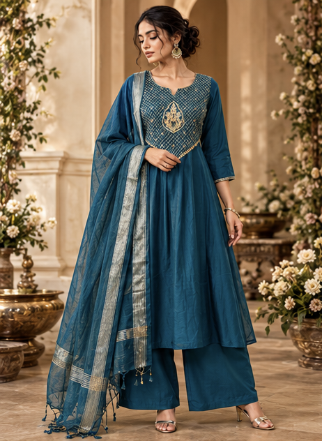 Women Premium Navy Blue Mul Chanderi Embroidery Kurta Pant and Dupatta set