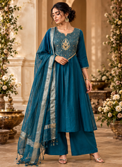 Women Premium Navy Blue Mul Chanderi Embroidery Kurta Pant and Dupatta set