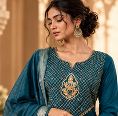 Women Premium Navy Blue Mul Chanderi Embroidery Kurta Pant and Dupatta set