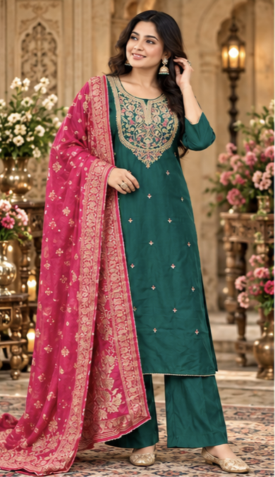 Women Premium Rama Green Roman Silk Embroidery Kurta Pant and Dupatta set