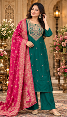 Women Premium Rama Green Roman Silk Embroidery Kurta Pant and Dupatta set