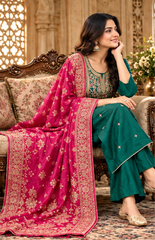 Women Premium Rama Green Roman Silk Embroidery Kurta Pant and Dupatta set