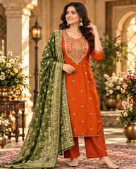 Women Premium Rust Roman Silk Embroidery Kurta Pant and Dupatta set