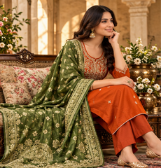 Women Premium Rust Roman Silk Embroidery Kurta Pant and Dupatta set
