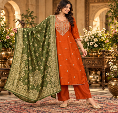 Women Premium Rust Roman Silk Embroidery Kurta Pant and Dupatta set