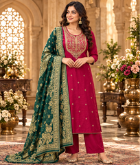 Women Premium Raspberry Rani Roman Silk Embroidery Kurta Pant and Dupatta set