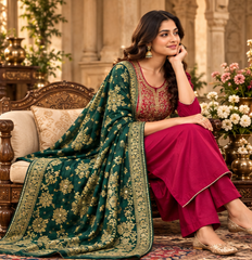Women Premium Raspberry Rani Roman Silk Embroidery Kurta Pant and Dupatta set