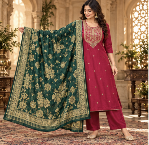 Women Premium Raspberry Rani Roman Silk Embroidery Kurta Pant and Dupatta set