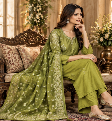 Women Premium Chutney Green Roman Silk Jacquard Butti Kurta Pant and Dupatta set