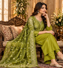 Women Premium Chutney Green Roman Silk Jacquard Butti Kurta Pant and Dupatta set