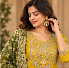 Women Premium Mustard Roman Silk Embroidery Kurta Pant and Dupatta set
