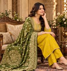 Women Premium Mustard Roman Silk Embroidery Kurta Pant and Dupatta set