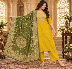 Women Premium Mustard Roman Silk Embroidery Kurta Pant and Dupatta set