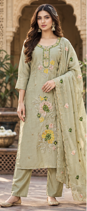 Women Premium Green Mul Chanderi Embroidery Kurta Pant and Dupatta set
