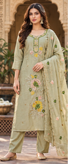 Women Premium Green Mul Chanderi Embroidery Kurta Pant and Dupatta set