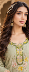 Women Premium Green Mul Chanderi Embroidery Kurta Pant and Dupatta set