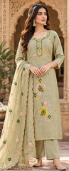 Women Premium Green Mul Chanderi Embroidery Kurta Pant and Dupatta set