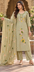 Women Premium Green Mul Chanderi Embroidery Kurta Pant and Dupatta set
