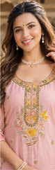 Women Premium Soft Piunk Mul Chanderi Embroidery Kurta Pant and Dupatta set